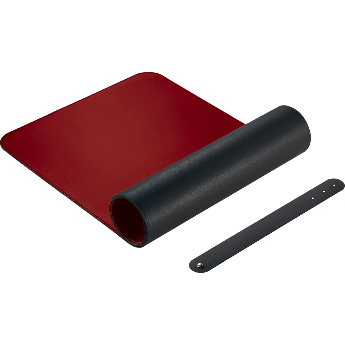 Rote, ausgerollte Schreibtischunterlage mit schwarzer Rolle und Handgelenkauflage.
