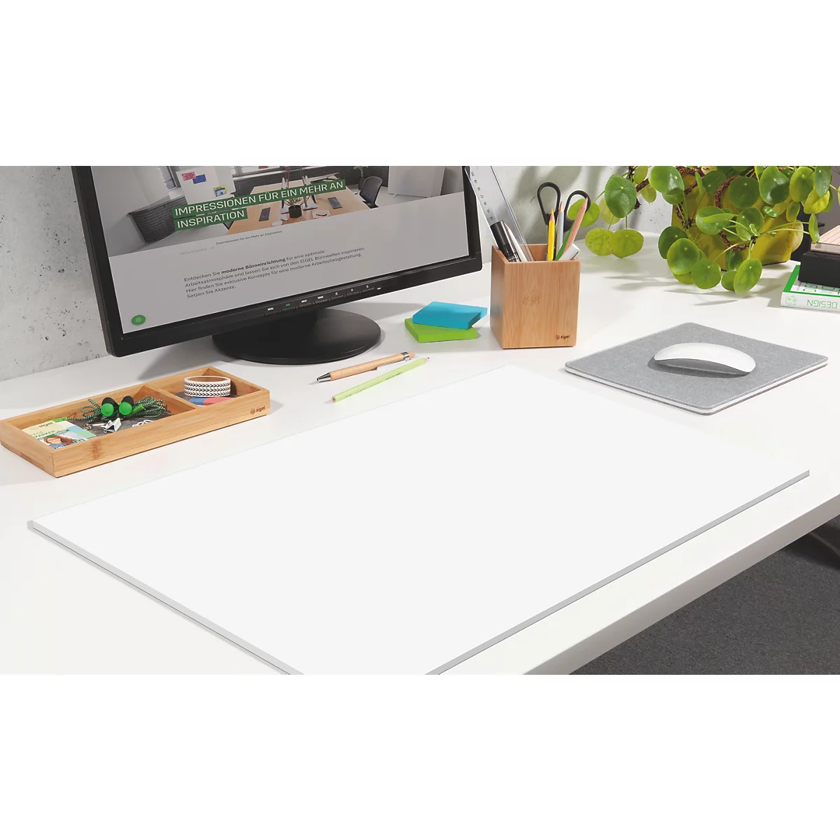 Schreibtisch mit Monitor, Stifthalter, Mauspad und leeren, weißen Flächen. Im Hintergrund eine Pflanze.