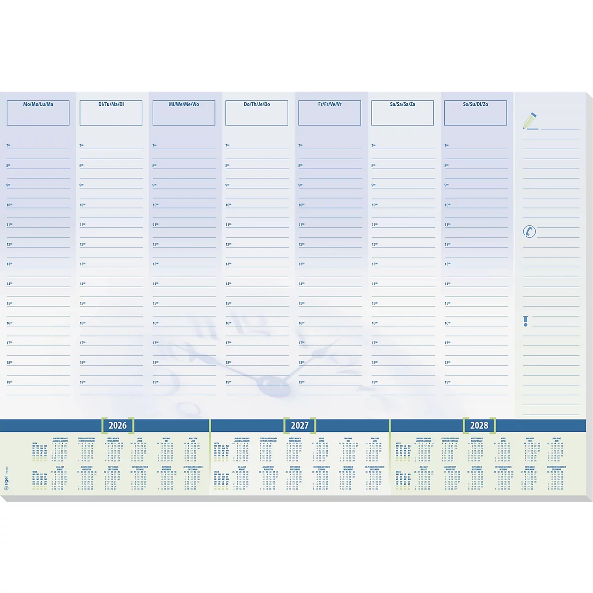 Blauw-witte weekplanner met jaaroverzicht 2026-2028. Het weekrooster biedt ruimte voor notities. Met klok en uitroepteken.