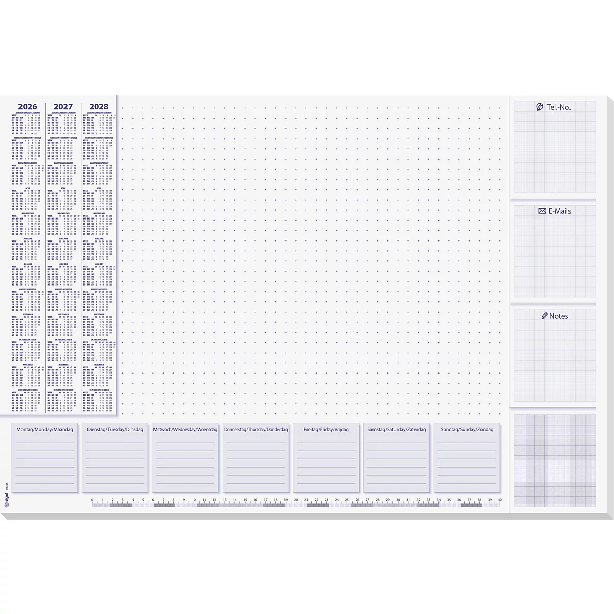 Een witte bureaumat met een kalender, wekelijks overzicht en notitievakken. Gekrabbeld patroon.