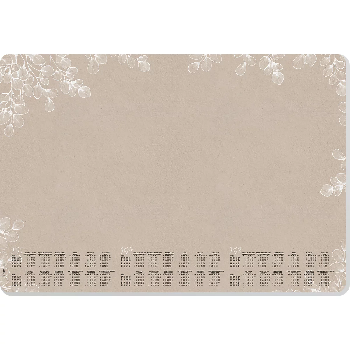 Fond beige avec motif de feuilles et calendrier. Des feuilles blanches et translucides sont représentées en haut et sur les côtés. Un motif de calendrier est visible en bas.