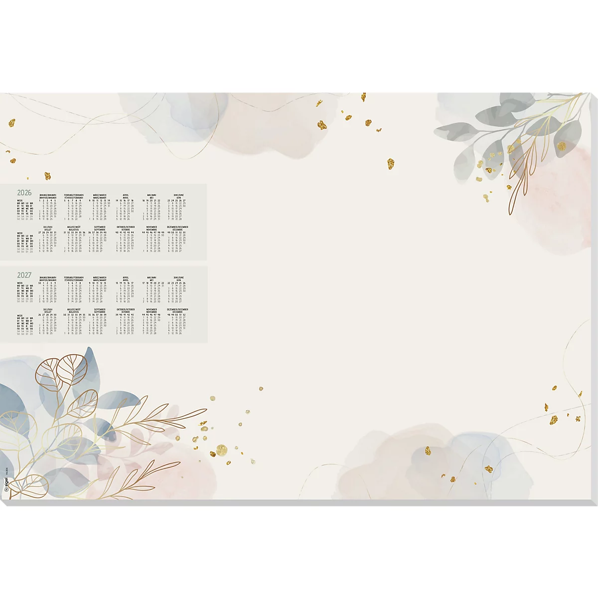 Fond beige clair avec des éclaboussures d'aquarelle et des feuilles. Deux panneaux de calendrier affichant les années 2026 et 2027.