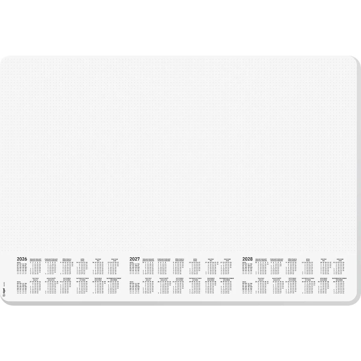 Un calendrier annuel rectangulaire blanc, affichant les années 2026, 2027, 2028 et 2029.