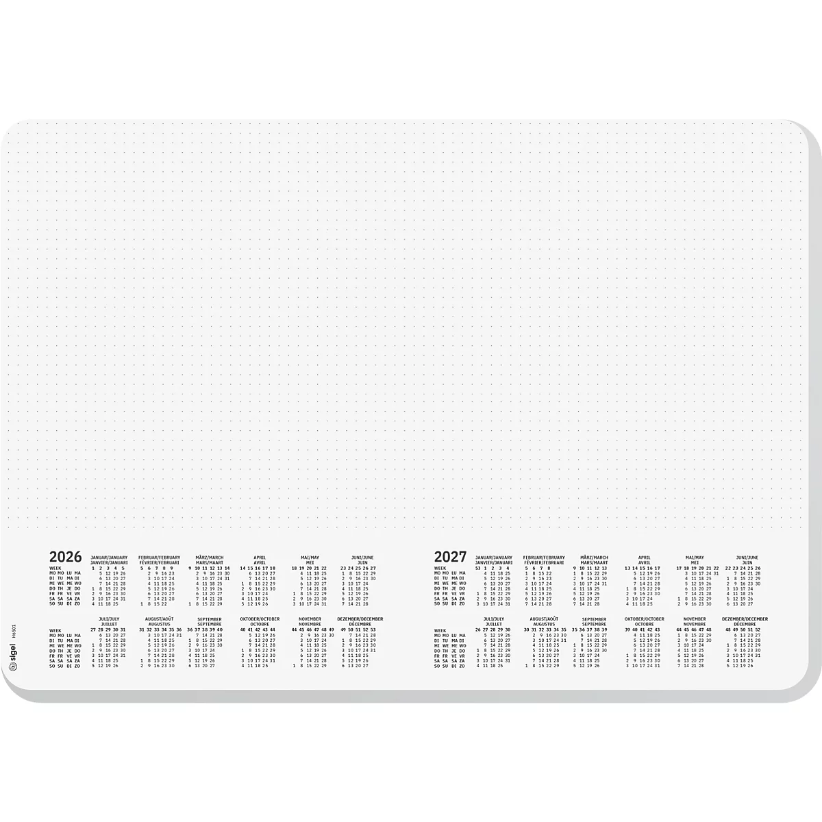Carnet gris clair avec grille en pointillés, calendriers pour 2026 et 2027.