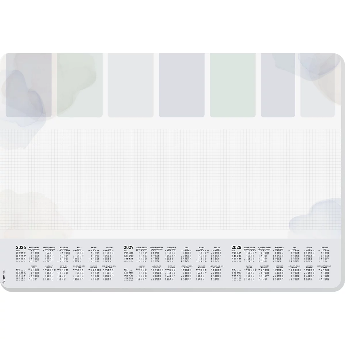 Un tapis de bureau gris avec des calendriers pour les années 2026-2028, des accents colorés et un motif quadrillé.