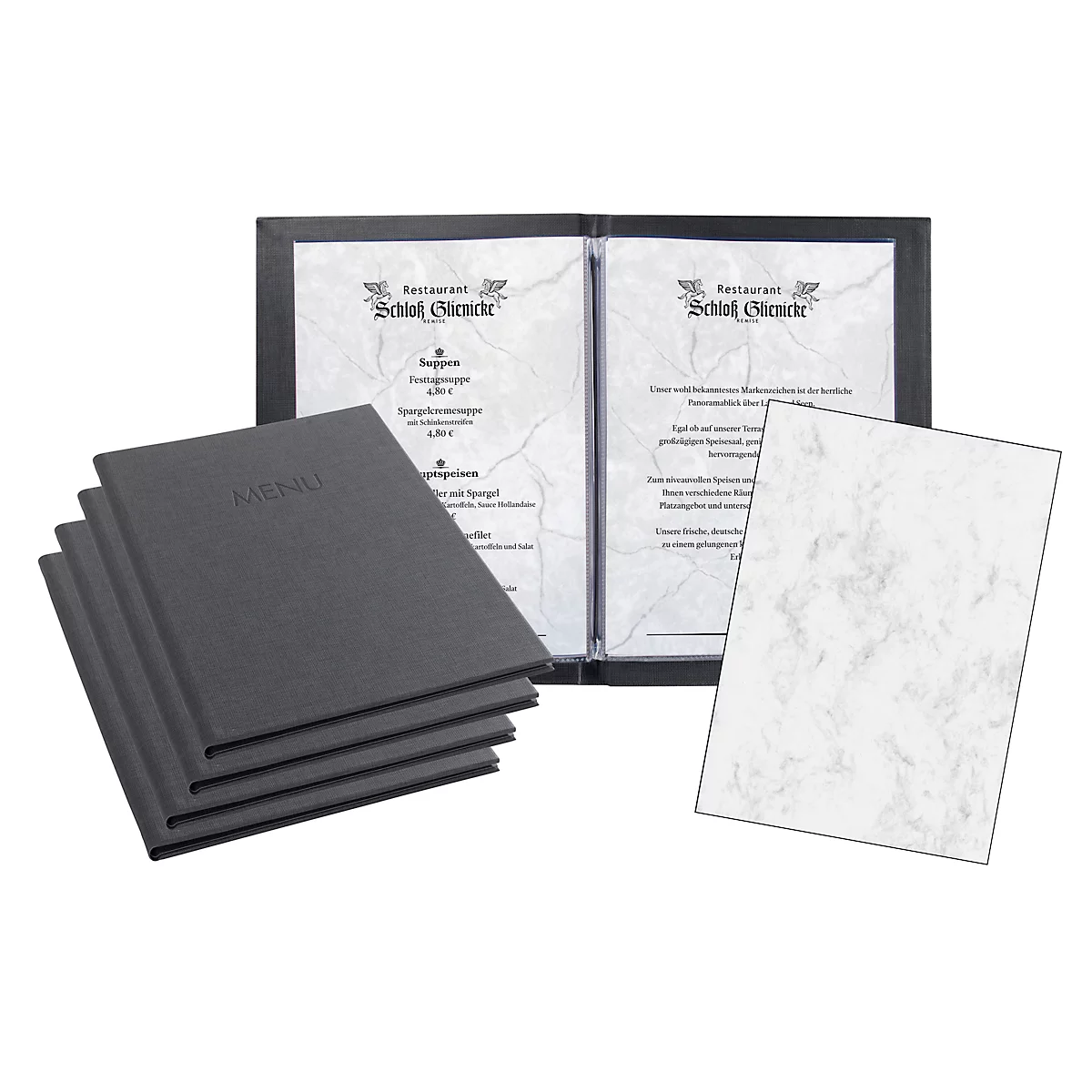 Sigel Sparset, 5 chemises pour cartes de menu avec 10 pochettes transparentes, 100 feuilles de papier à motifs 'Marbre gris', anthracite
