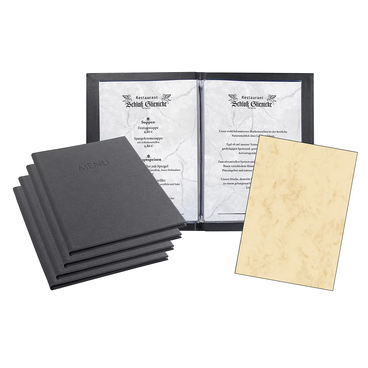 Sigel Sparset, 5 chemises pour cartes de menu avec 10 pochettes transparentes, 100 papiers à motifs 'Marbre', anthracite