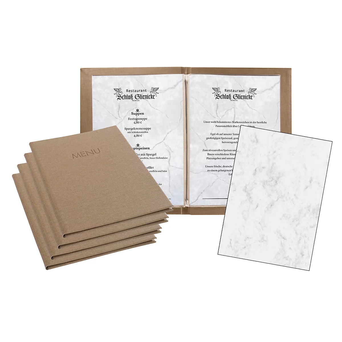 Sigel Sparset, 5 Speisekartenmappen mit 10 Transparenthüllen, 100 Motivpapieren 'Grauer Marmor', beige