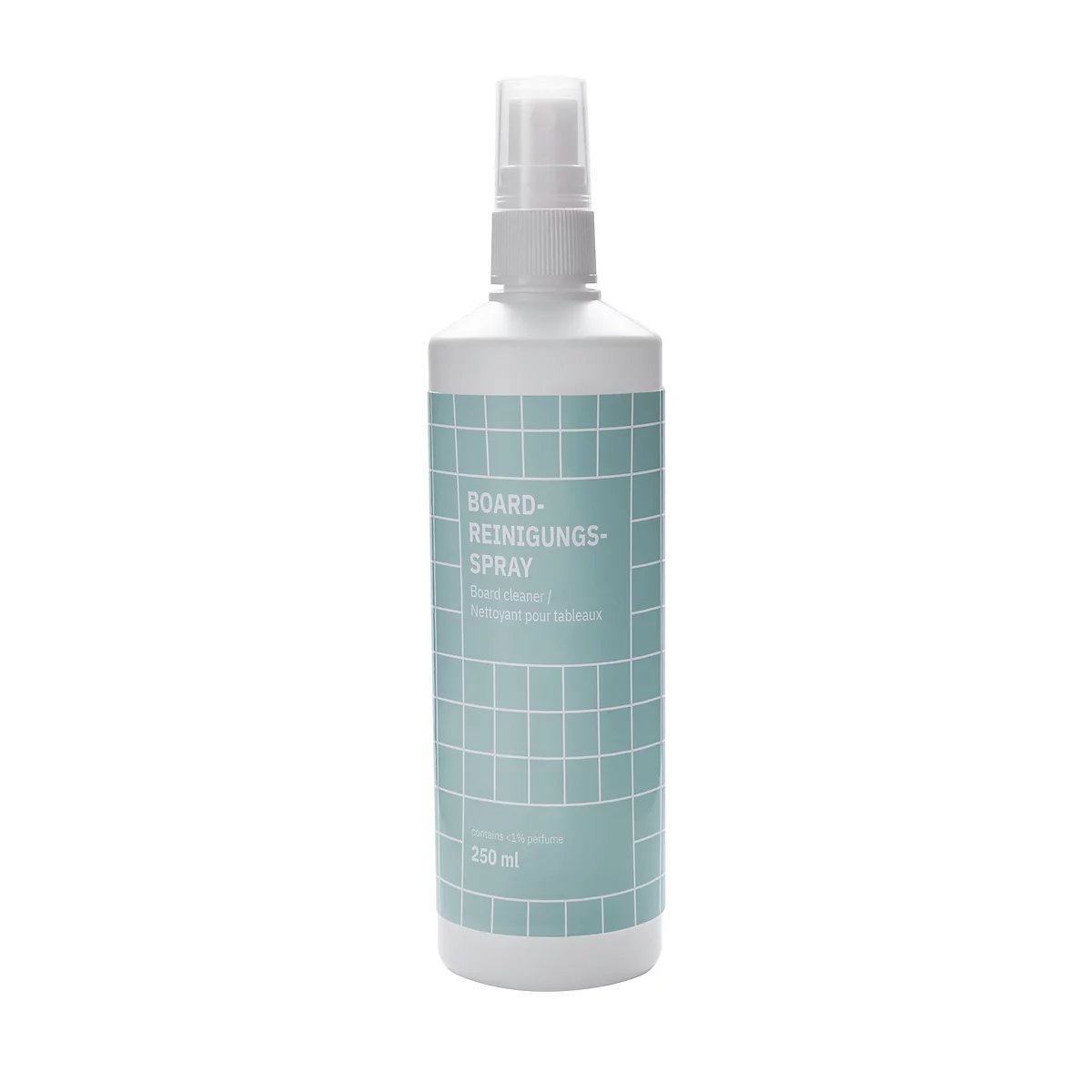 Weiße Flasche mit hellblauem Etikett und weißem Gittermuster, beschriftet mit Board-Reinigungsspray 250 ml.