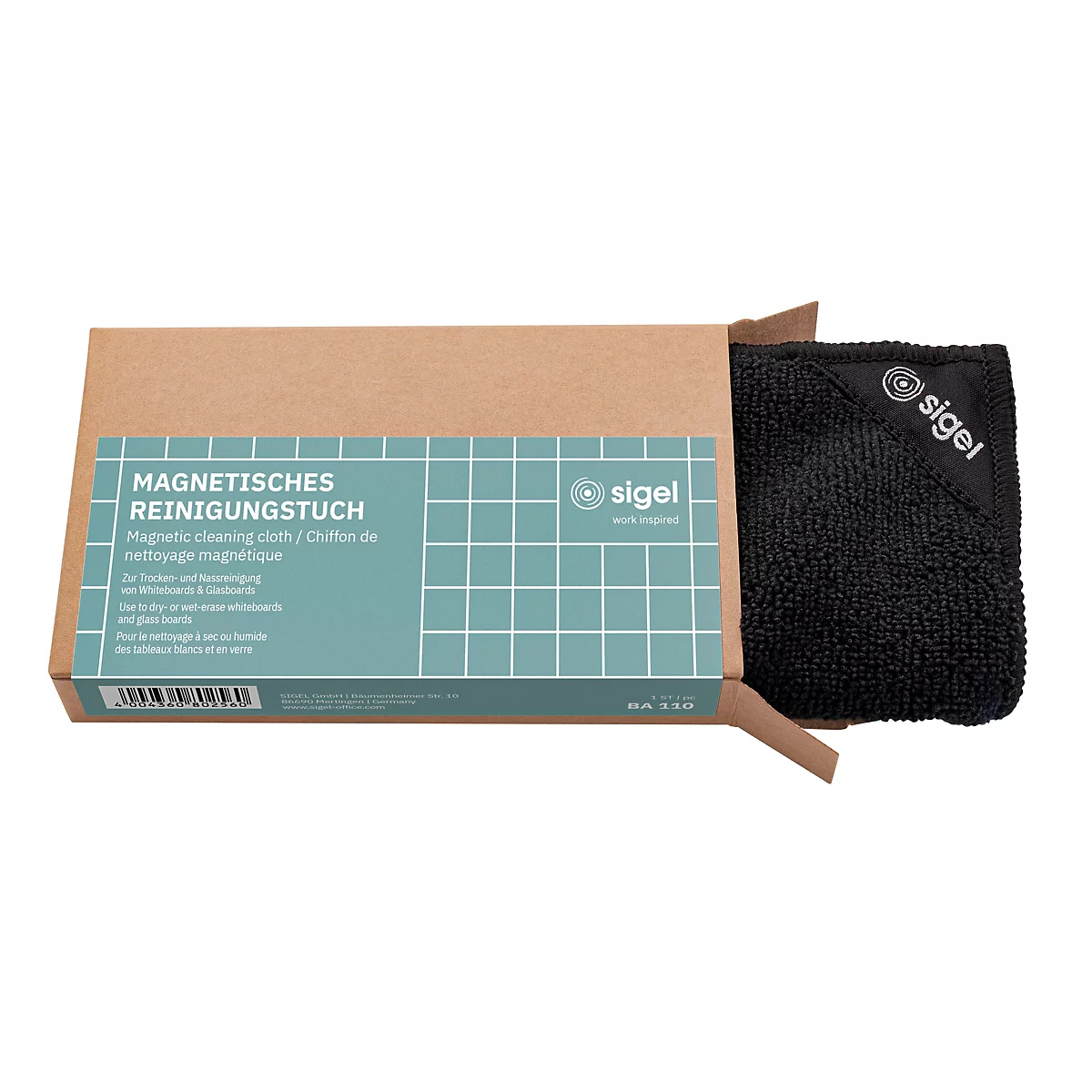 Ein schwarzes, magnetisches Sigel Reinigungstuch in einer braunen Kartonverpackung mit blaugrünem Aufdruck.