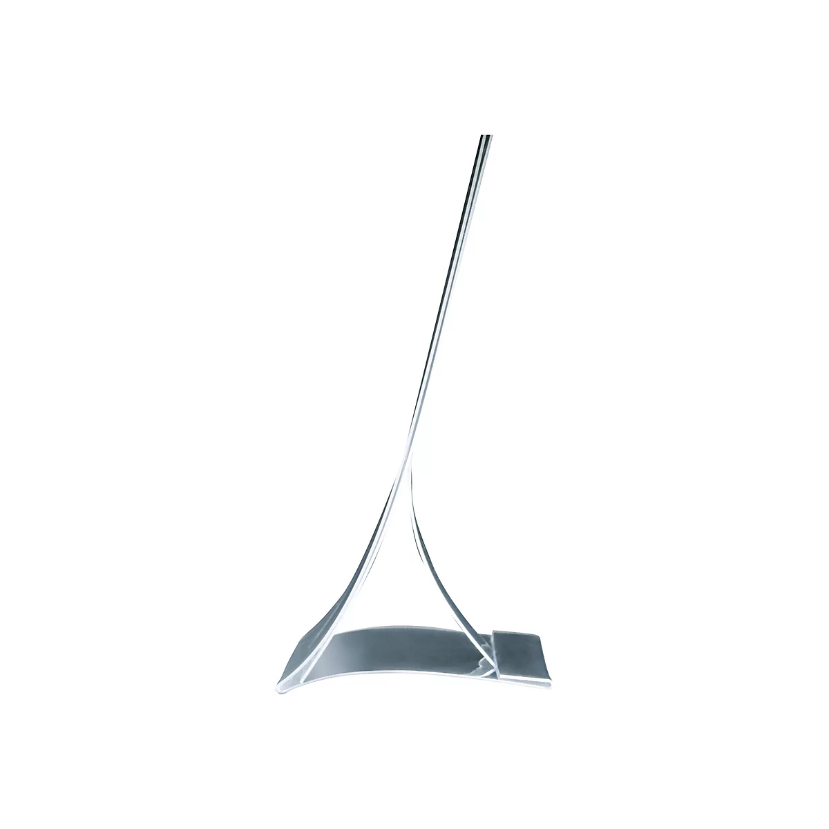 Objet en matériau transparent, plié au milieu, formant un espace triangulaire, avec une barre attachée.