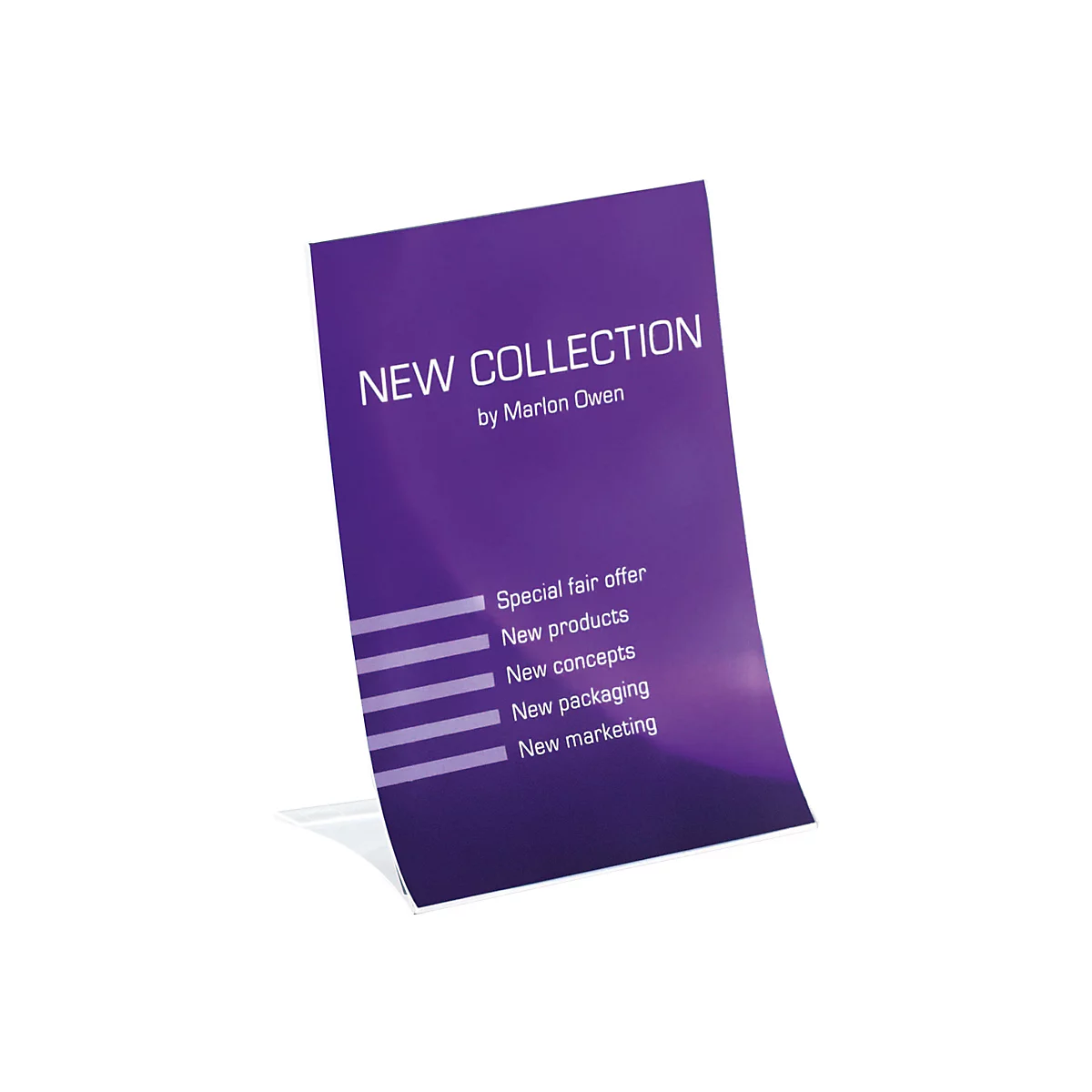 Brochure violette avec texte blanc "NEW COLLECTION". En dessous est écrit "by Marlon Owen". D'autres informations sont répertoriées sur la brochure.