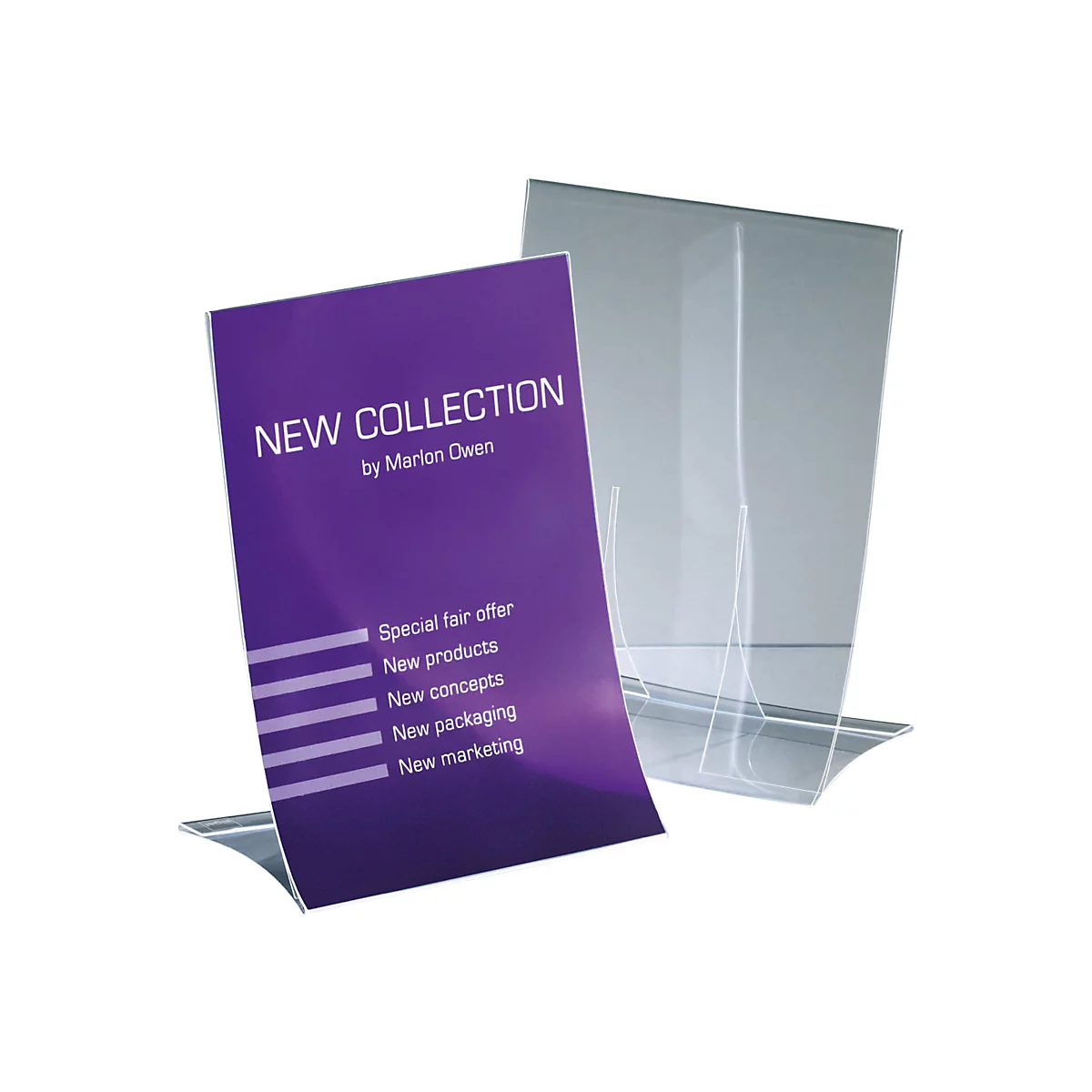 Deux présentoirs en acrylique transparent avec un panneau violet. Le panneau indique en lettres blanches "NEW COLLECTION by Marlon Owen" ainsi que d'autres puces.