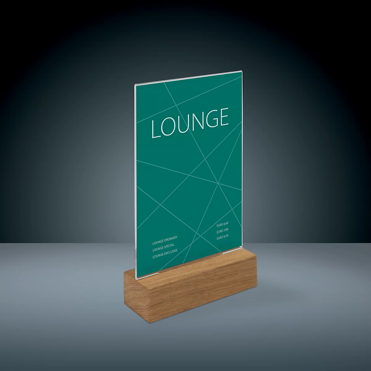 Table display with text "LOUNGE", green background, and wooden base. The background is grey.