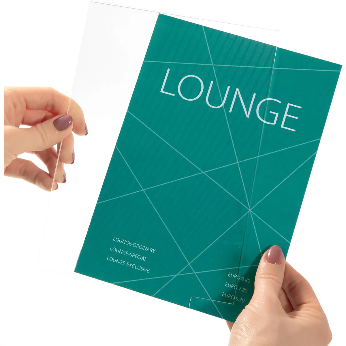 Hands holding a green flyer with the word "LOUNGE" in a transparent protective sleeve.