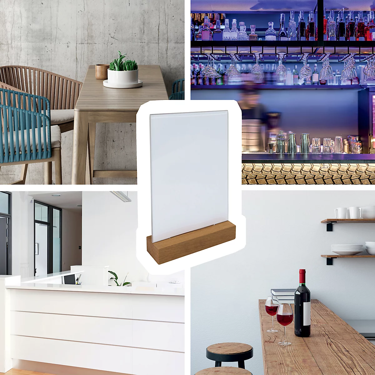 Transparent display with wooden base in different environments, such as restaurant, bar and office.