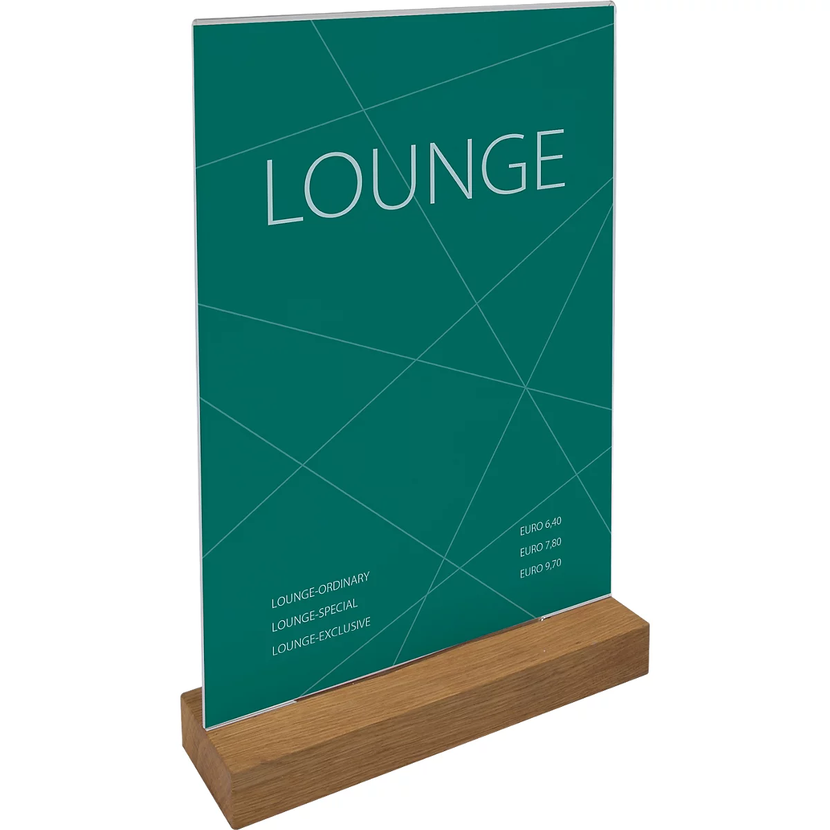 Table stand with "LOUNGE" lettering, on wooden base. Inscription: prices and dishes.