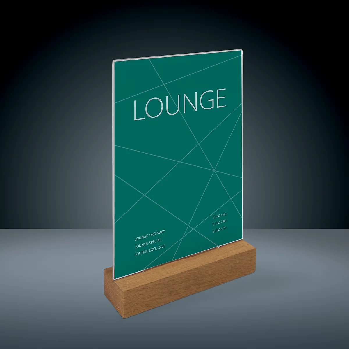 A sign with the word "LOUNGE" on a green background, in a wooden stand.