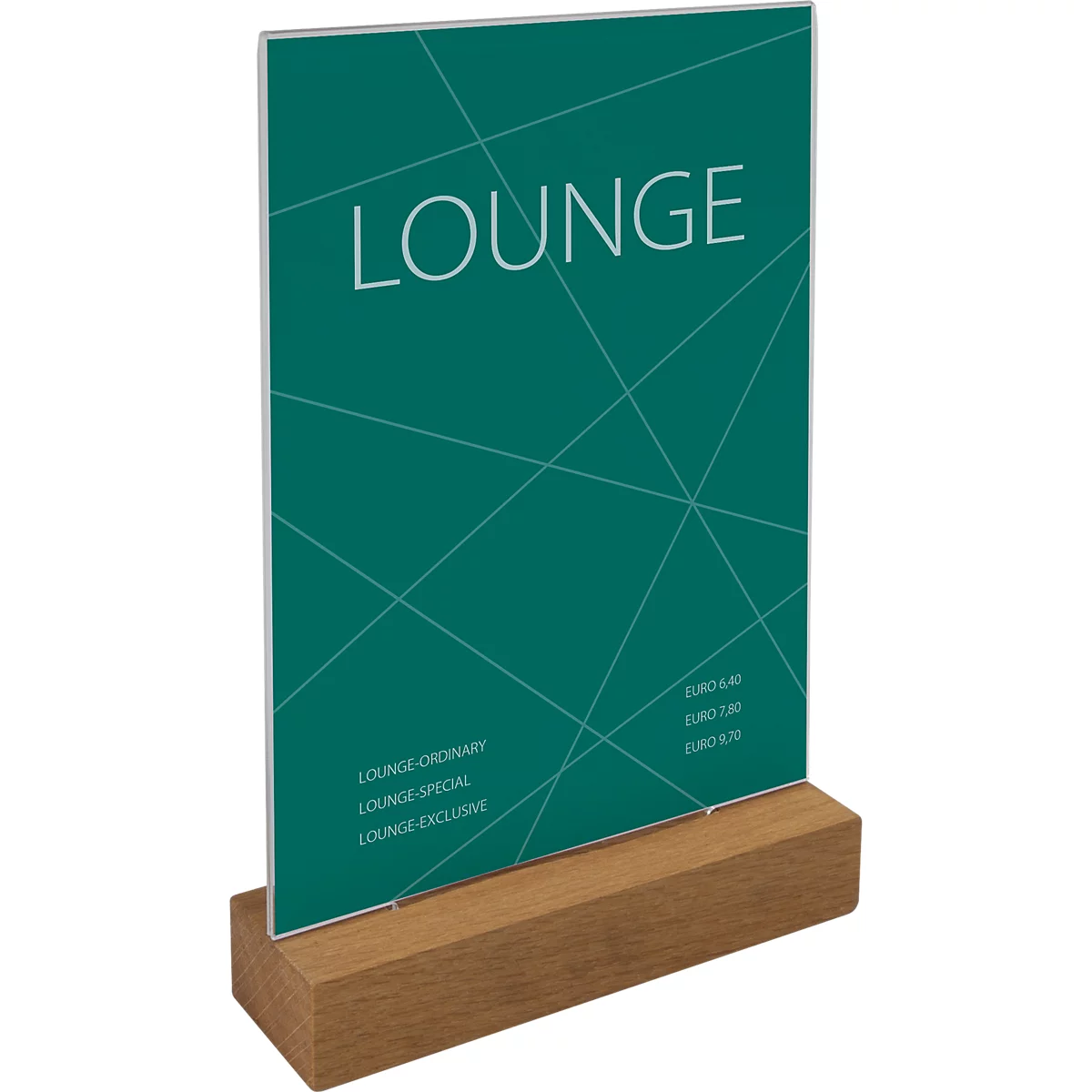 A green sign with the white lettering "LOUNGE" stands on a wooden base. Prices and other lettering are on the sign.