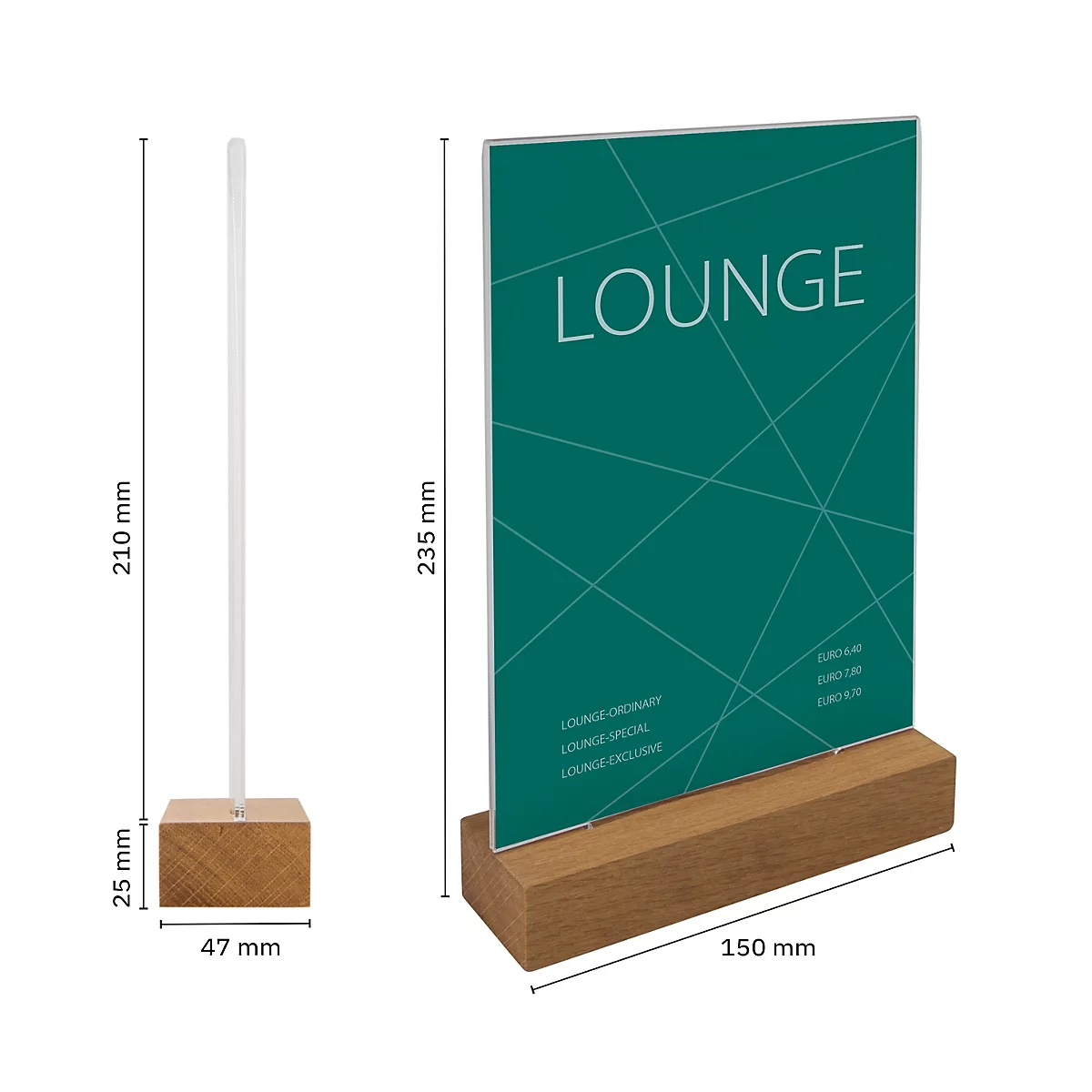 Two signs, wooden base, white post and green background with "LOUNGE" lettering.