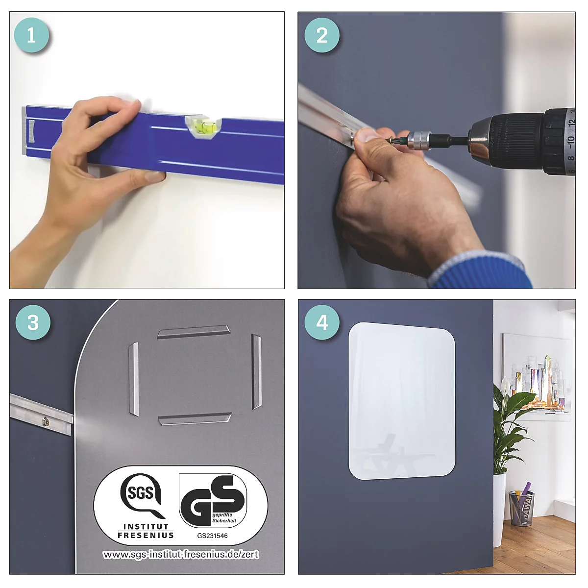 Guide d'installation en 4 étapes : Tenir le niveau sur le mur, visser le rail, insérer le support, fixer le miroir.