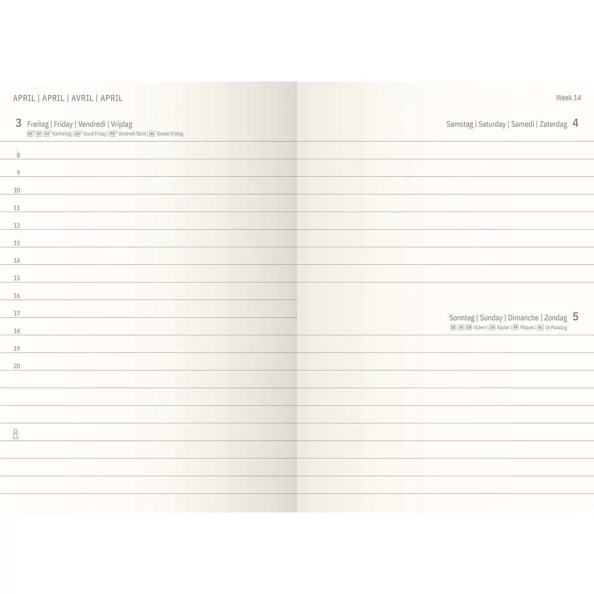 Geöffnete Doppelseite eines Notizbuchs. Links: Tageseinteilung mit Datum und Tagesnamen. Rechts: Linierte Seiten für Notizen.