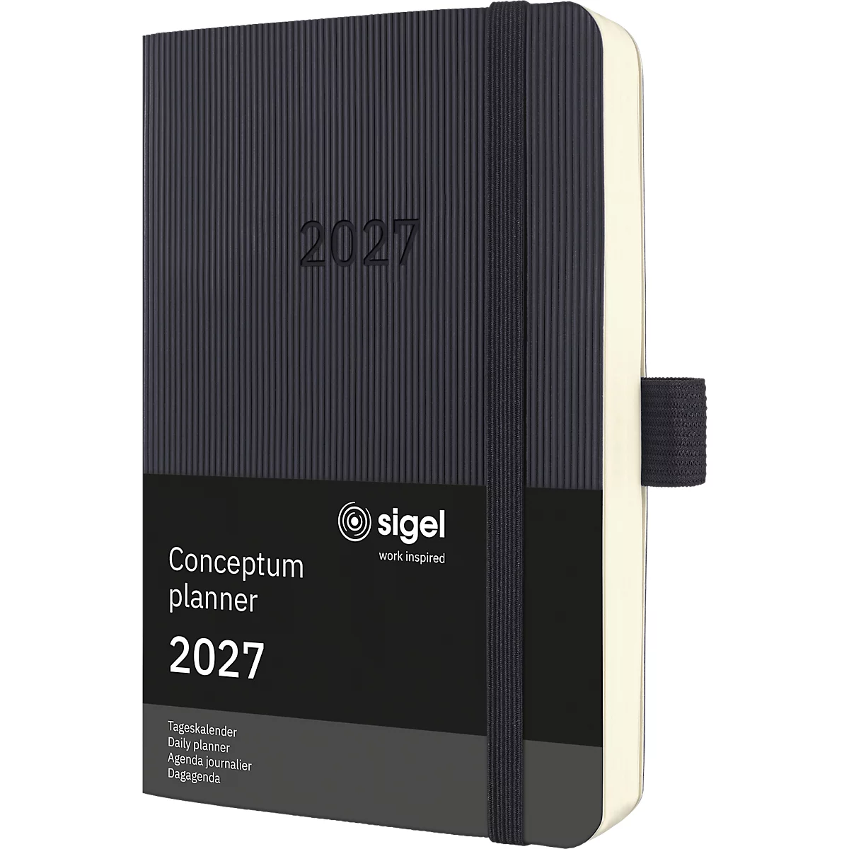 Dunkelblauer Terminkalender mit dem Aufdruck "2027", einem schwarzen Gummiband und dem Logo von "sigel".