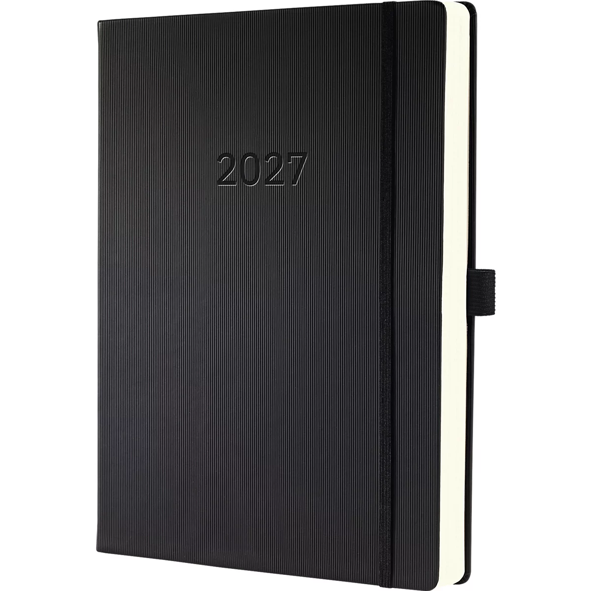 Schwarzes Notizbuch mit dem eingeprägten Jahr 2027. Das Buch hat eine geriffelte Oberfläche, einen schwarzen Gummibandverschluss und cremefarbene Seiten.