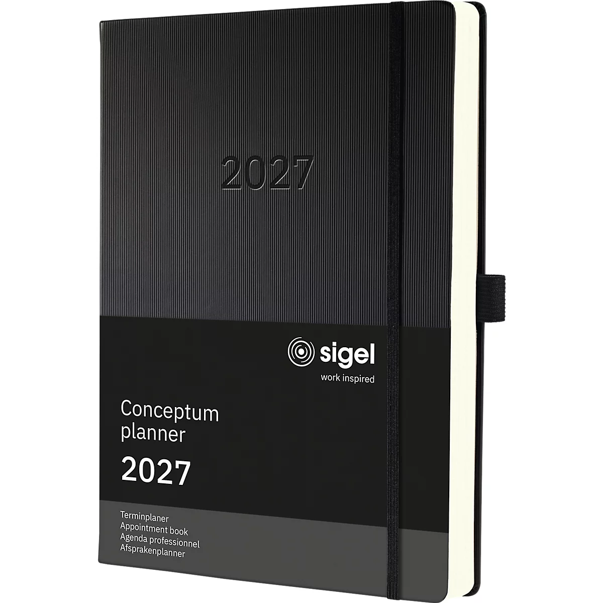Schwarzer Conceptum Terminkalender 2027 mit geprägter Jahreszahl. Vertikale Streifen auf dem Einband, elastisches Band und Markenlogo.