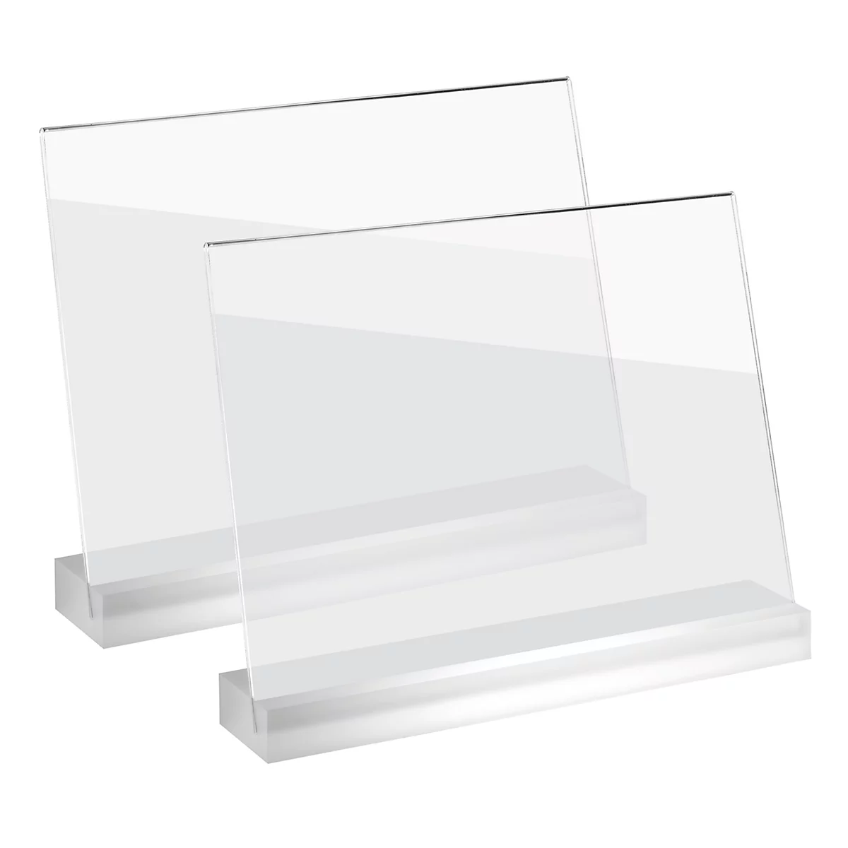 Zwei transparente Acryl-Aufsteller für Tischkarten oder Menüs vor weissem Hintergrund.