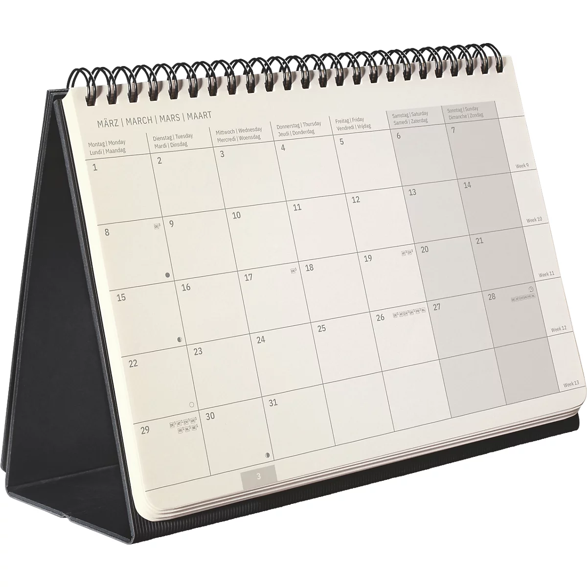 Tischkalender aus Papier mit schwarzer Spiralbindung und schwarzem Aufsteller für den Monat März.