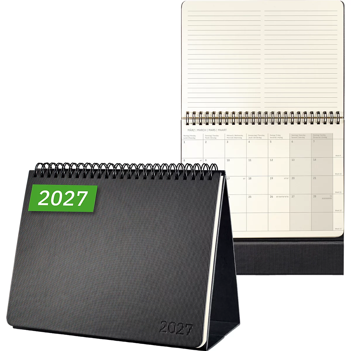 Schwarzer Tischkalender 2027 mit Ringbindung und offenem Kalenderblatt.