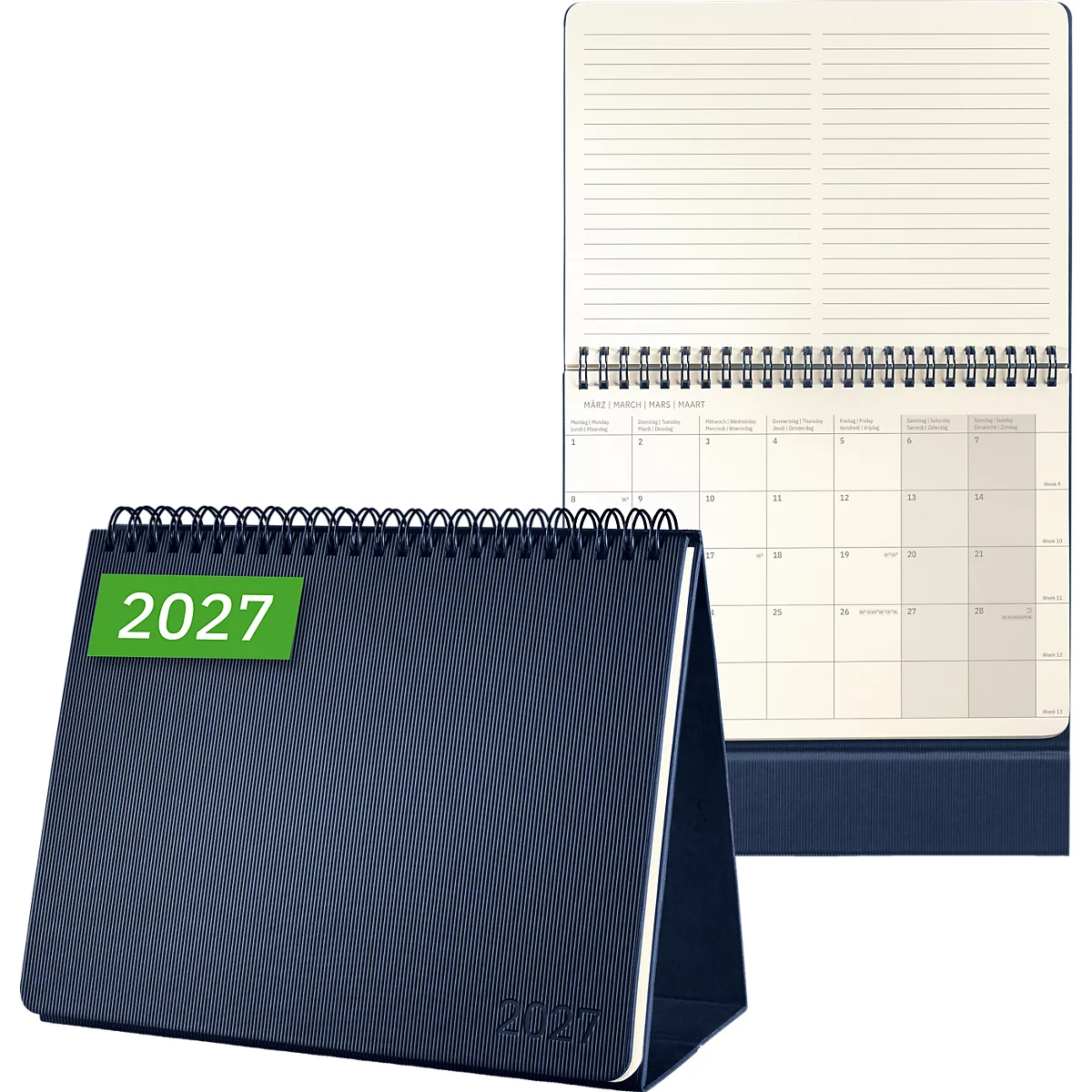 Dunkelblauer Tischkalender für 2027 mit Spiralbindung und aufgeklappter Monatsübersicht.