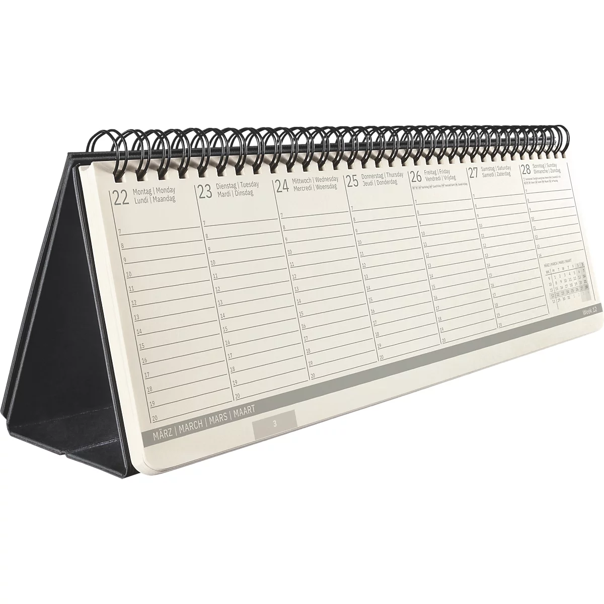 Aufgestellter Tischkalender mit schwarzer Spiralbindung vor neutralem Hintergrund.