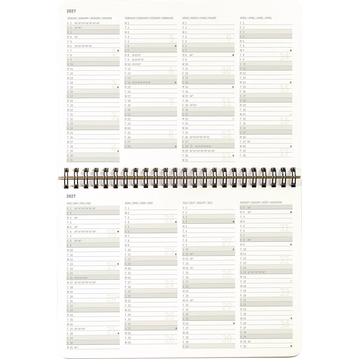 Sigel Tischquerkalender Conceptum 2027, A5, für 1 Jahr, 144 Seiten, 2 Seiten = unten Monat/oben Notizseite, Ringösenbindung, PU-Hardcover, schwarz