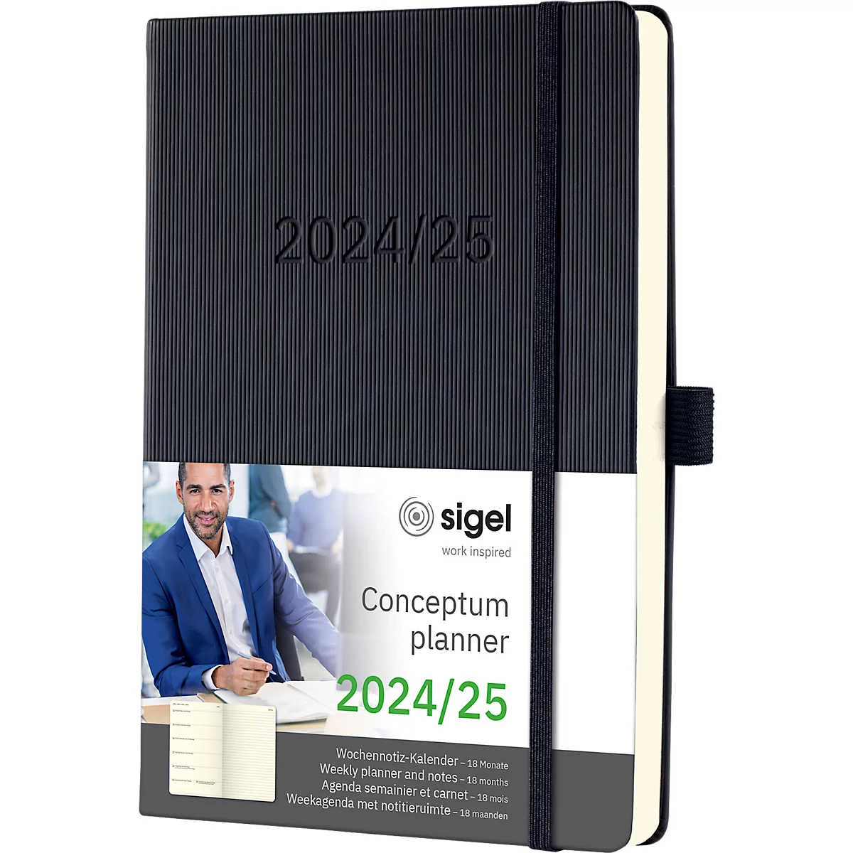 Sigel weekkalender Conceptum 2024/2025, A5, hardcover, 256 pagina's, met pennenlus en elastiek, B 148 x D 23 x H 213 mm, zwart