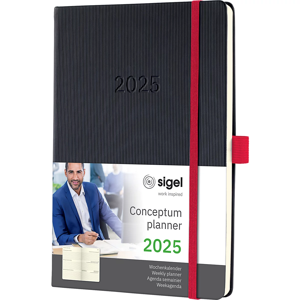 Sigel weekkalender 'Conceptum 2025', 192 pagina's, DIN A5, geruit, softwave-oppervlak, elastieksluiting, DE/EN/FR/NL, zwart-rood
