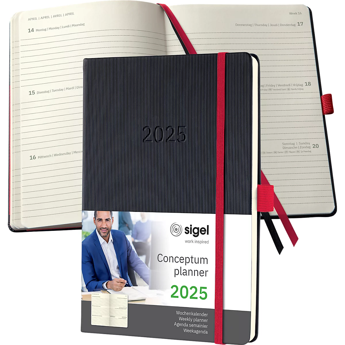 Sigel weekkalender 'Conceptum 2025', 192 pagina's, DIN A5, geruit, softwave-oppervlak, elastieksluiting, DE/EN/FR/NL, zwart-rood