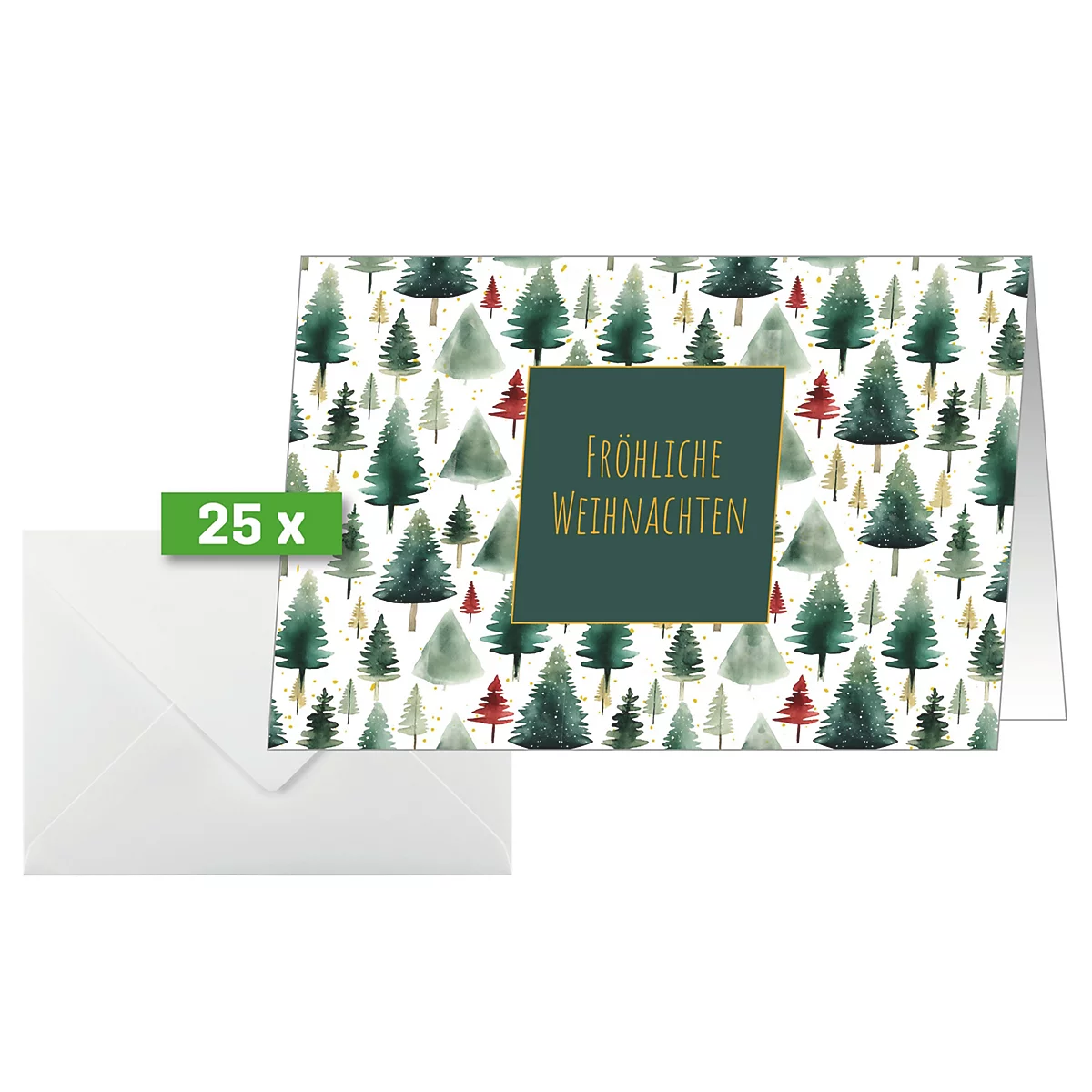 Weihnachtskarten-Set mit Tannenbaum-Muster und Text "Fröhliche Weihnachten" inkl. Umschlägen.