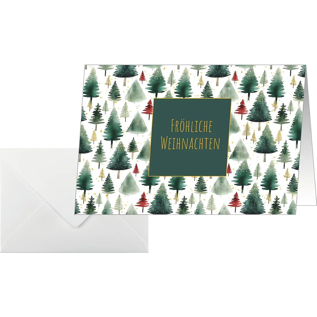 Weihnachtskarte mit Tannenbaum-Muster und der goldenen Aufschrift Fröhliche Weihnachten auf dunkelgrünem Quadrat.