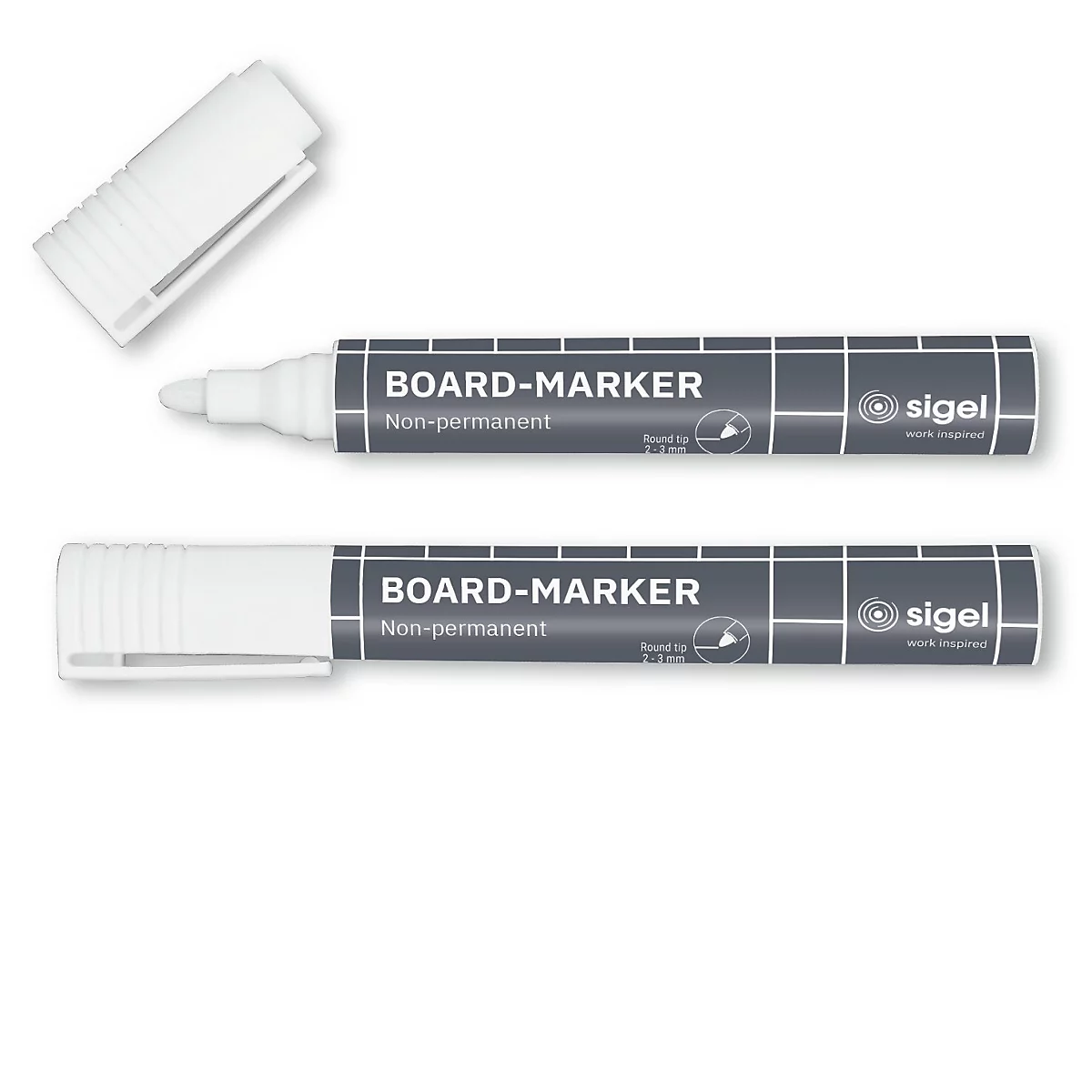 Twee witte whiteboardstiften met zwarte letters en een open deksel.