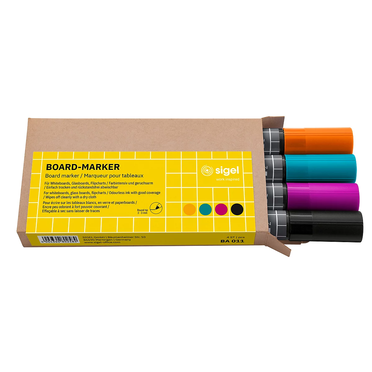 Vier bunte Boardmarker in einer braunen Kartonverpackung mit gelbem Sigel-Etikett.