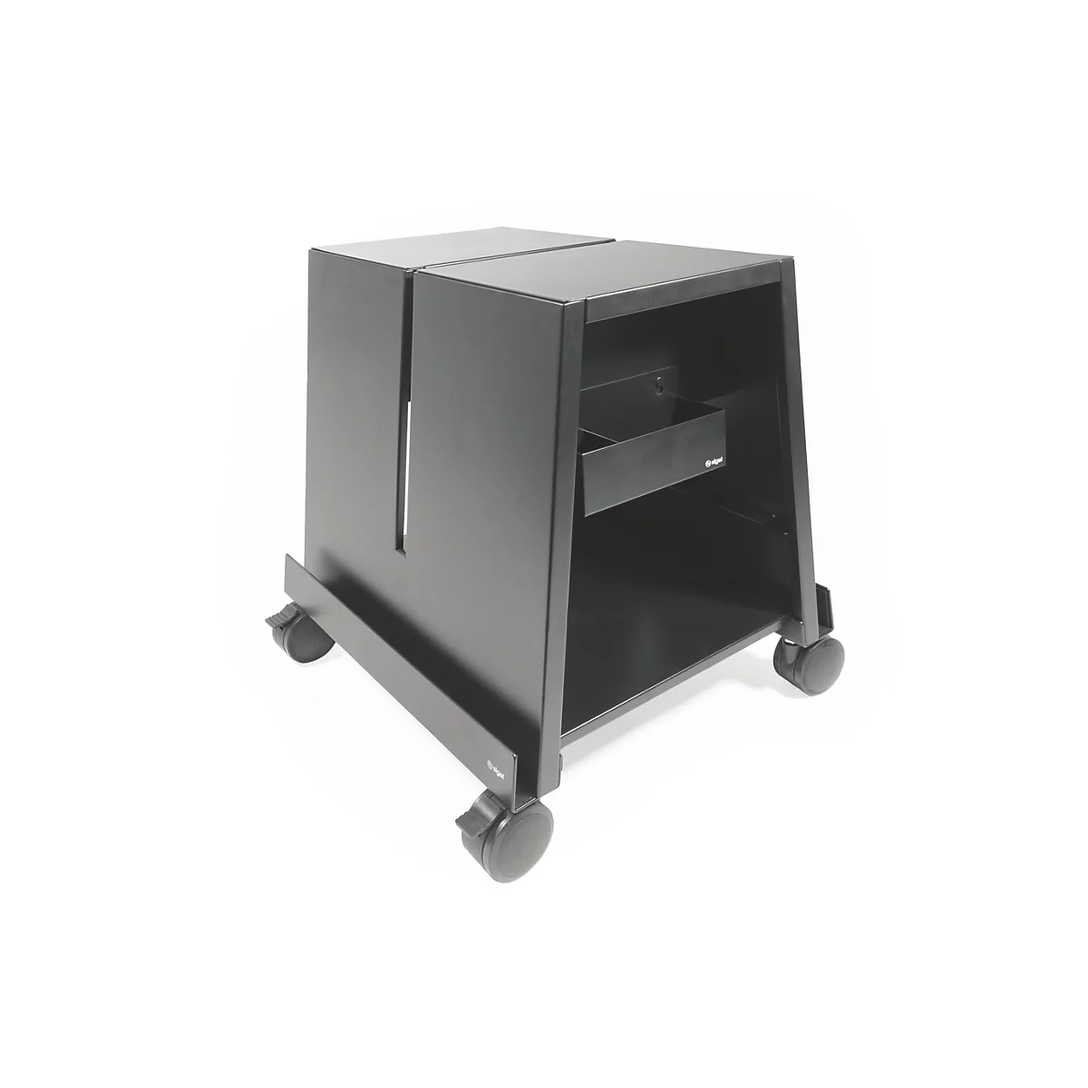 Schwarzer, rollbarer Medienschrank mit offenen Fächern und einer Schublade.