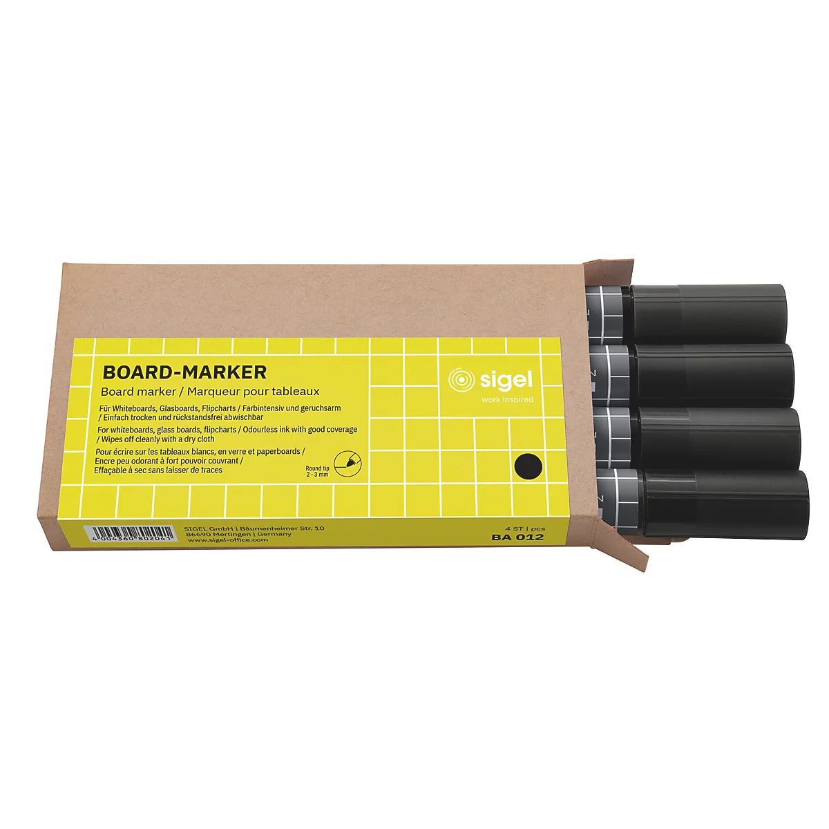 Packung Board-Marker, teilweise geöffnet, schwarze Stifte sichtbar. Gelber Aufkleber mit Schriftzug.
