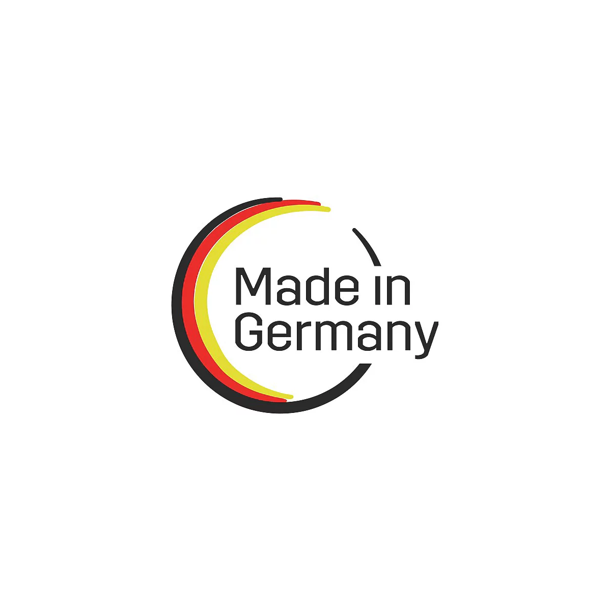 Logo: Schwarzer Ring mit gelbem, rotem und schwarzem Streifen. Schriftzug: Made in Germany.