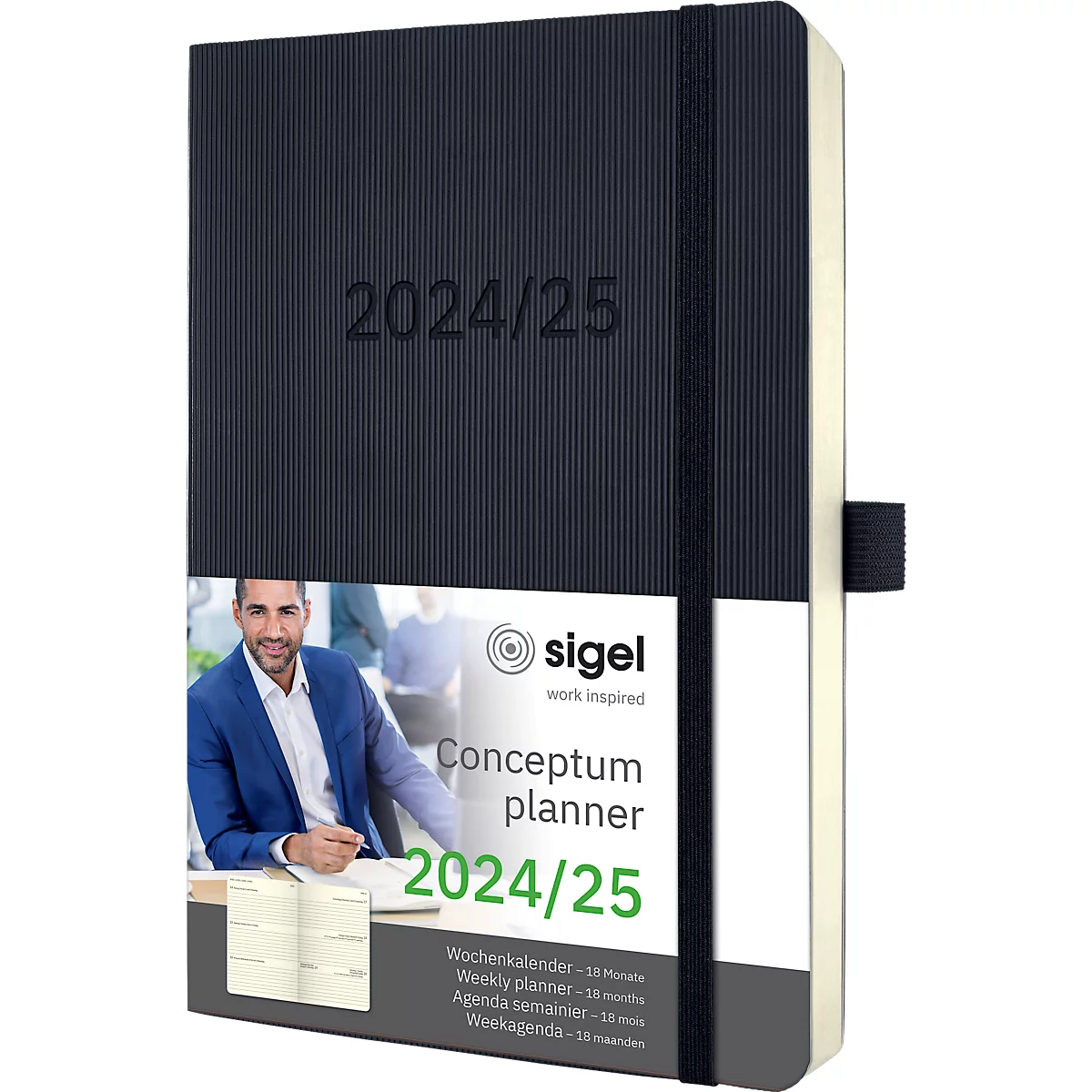 Sigel Wochen-Notiz-Kalender Conceptum 2024/2025, 256 Seiten, kariert, Softwave-Oberfläche, DE/EN/FR/NL, schwarz
