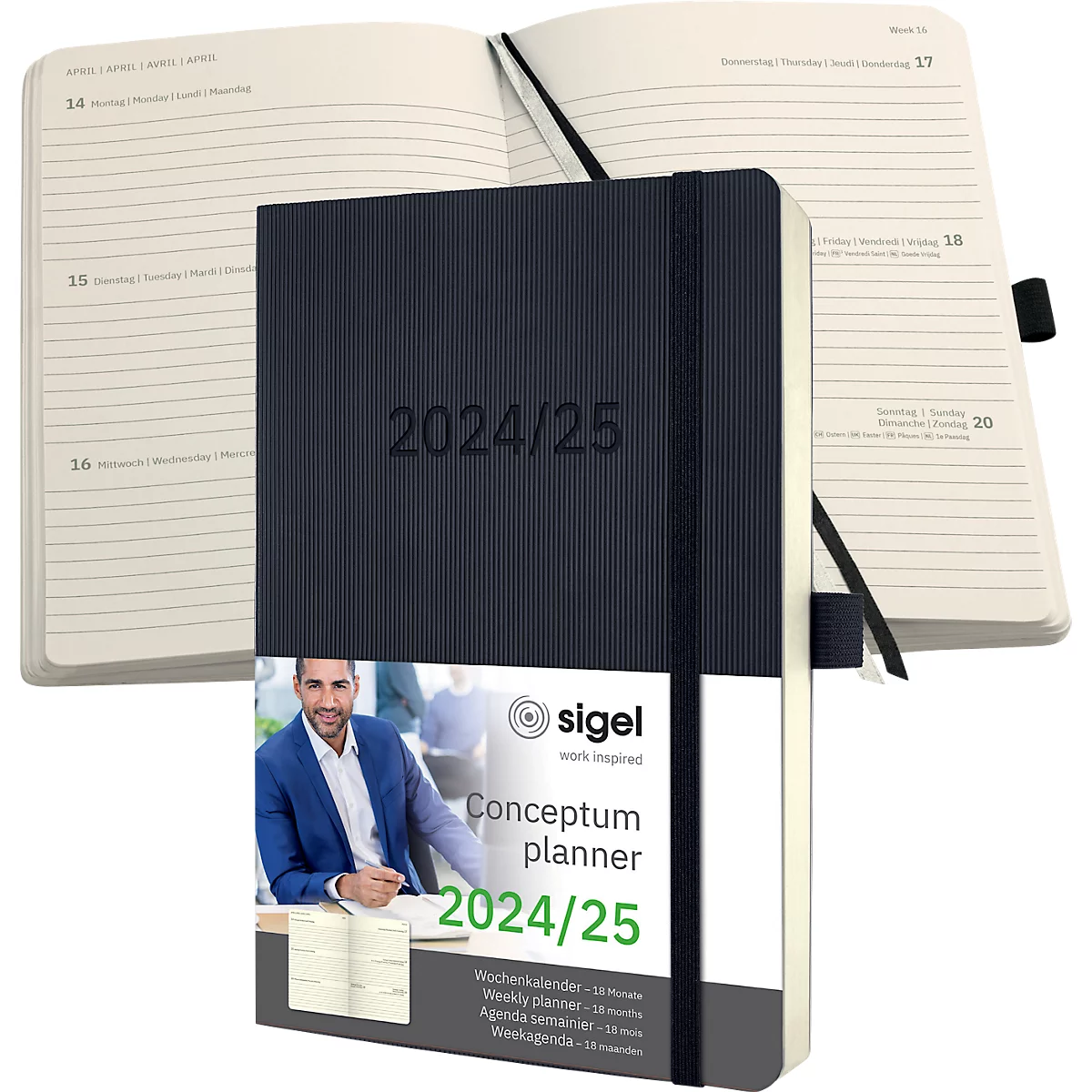 Sigel Wochen-Notiz-Kalender Conceptum 2024/2025, 256 Seiten, kariert, Softwave-Oberfläche, DE/EN/FR/NL, schwarz