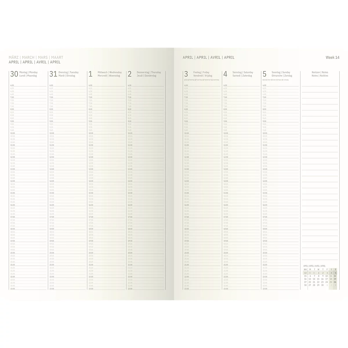 Doppelseitiger Wochenplaner mit Linien und Zeitangaben. Die erste Seite zeigt die Daten 30, 31, 1 und 2. Die zweite Seite zeigt die Daten 3, 4, 5 und einen Kalender.