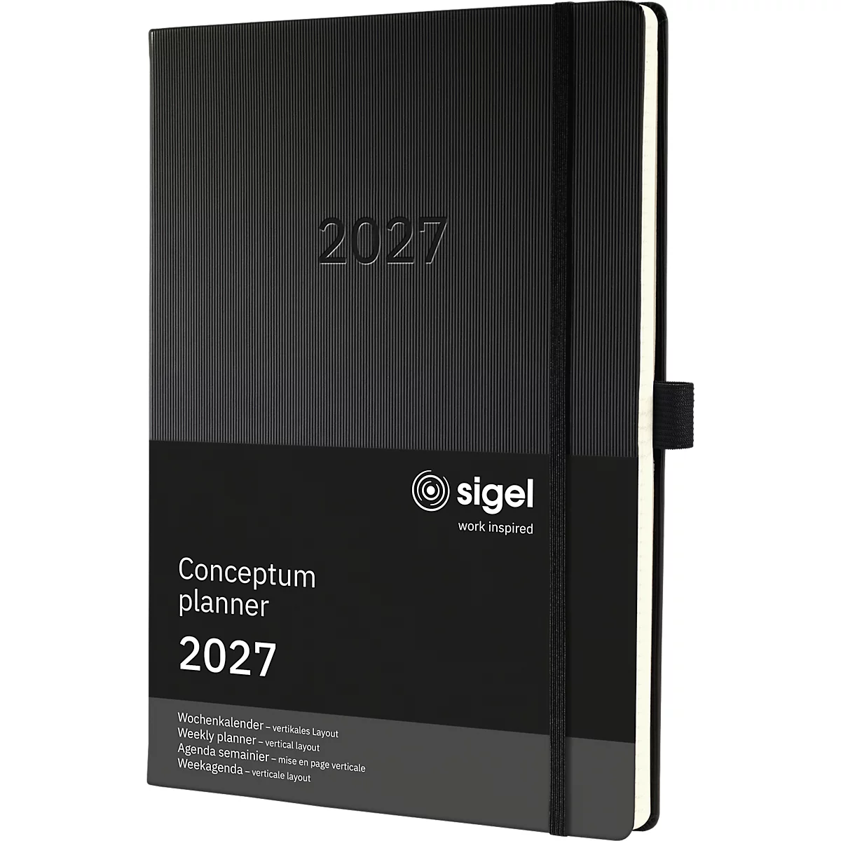 Schwarzer Conceptum Kalender mit geprägter Jahreszahl 2027 und Logo.