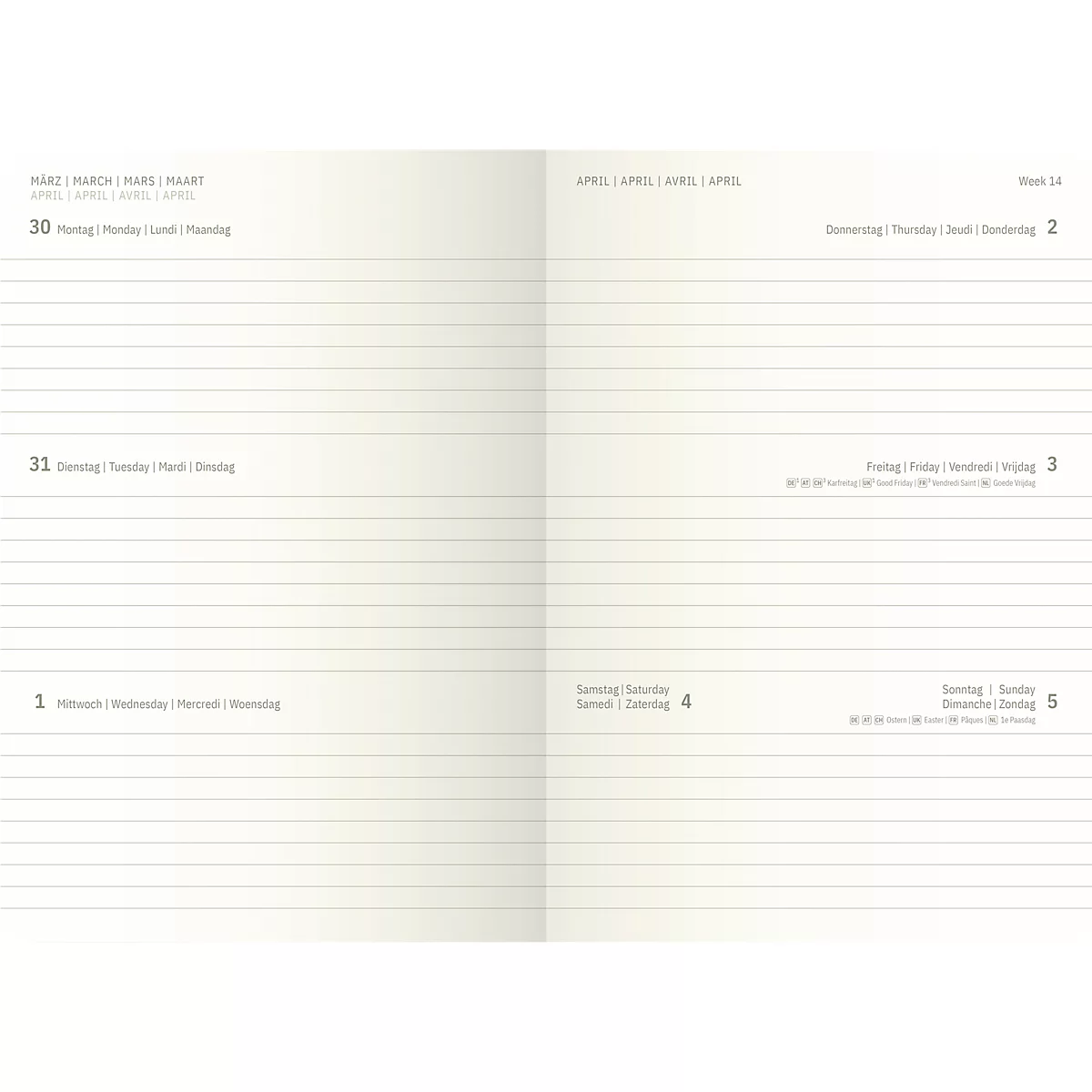 Doppelseite eines Notizbuchs. Links: Datenzeile für März, Zeilen für Notizen. Rechts: Datenzeile für April, Wochennummer, Notizzeilen.